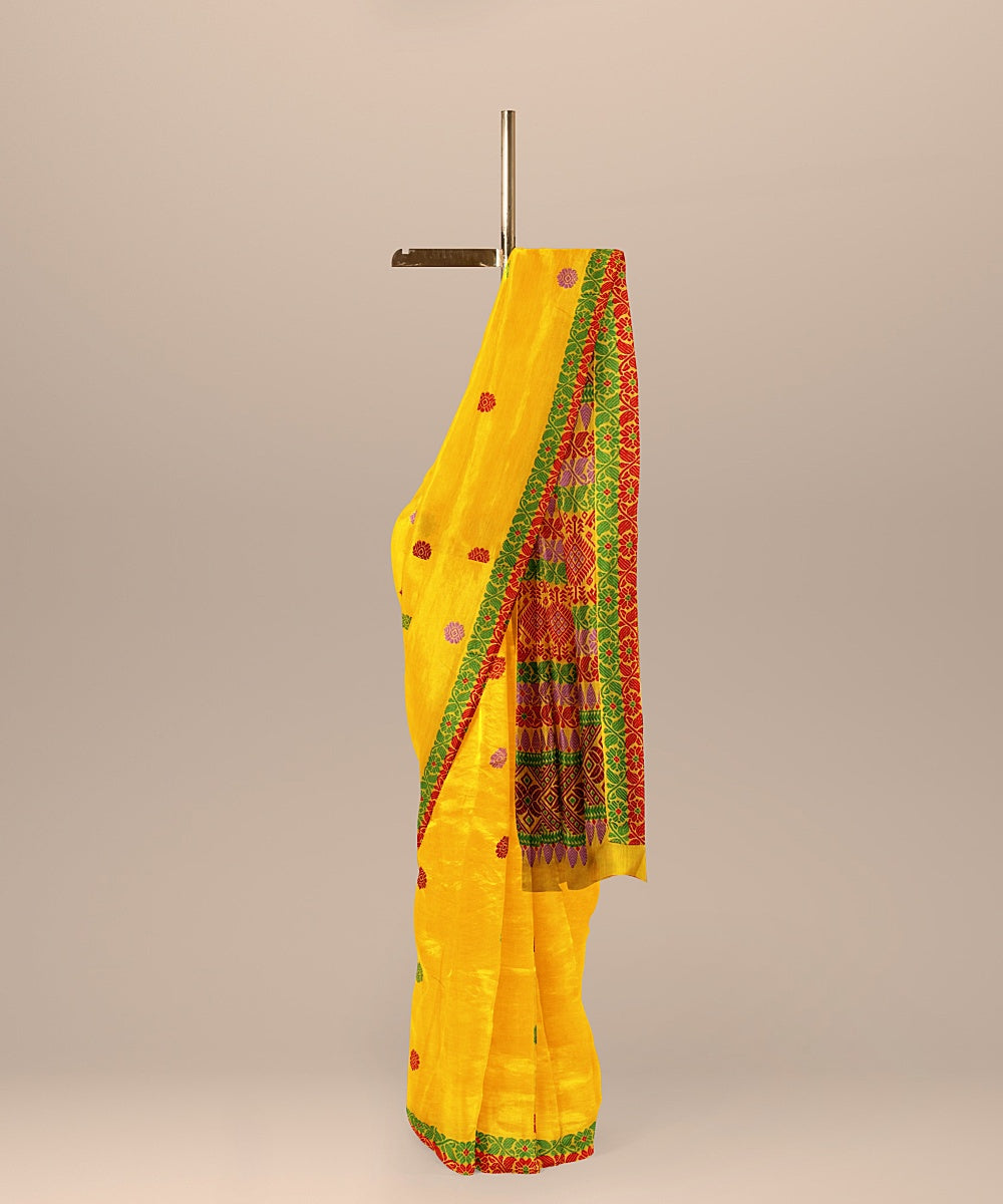 Yellow multicolor cotton handwoven assam saree