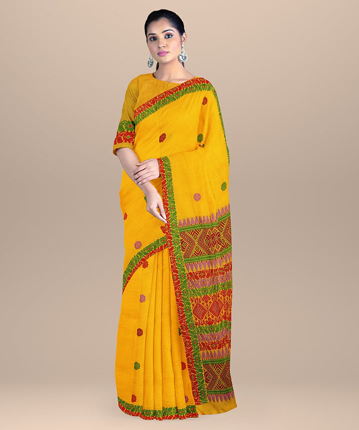 Yellow multicolor cotton handwoven assam saree