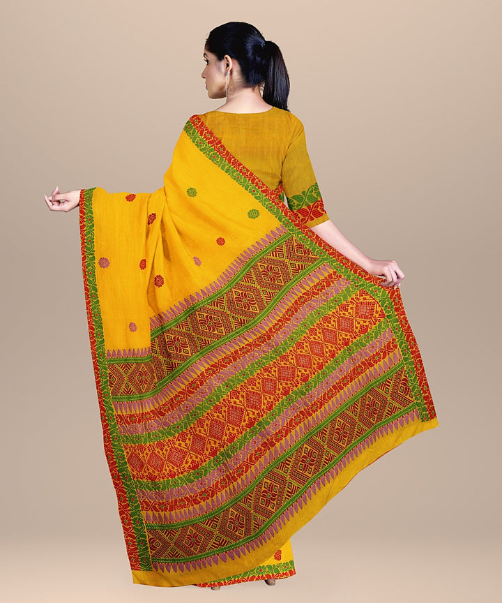 Yellow multicolor cotton handwoven assam saree