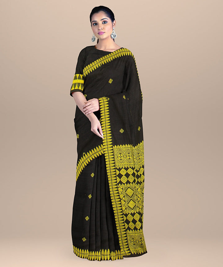 Charcoal black lime green cotton handwoven assam saree