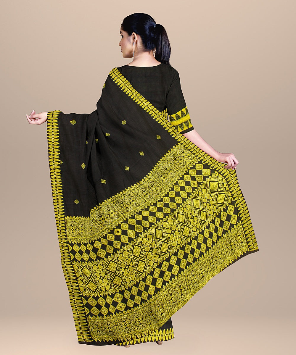 Charcoal black lime green cotton handwoven assam saree