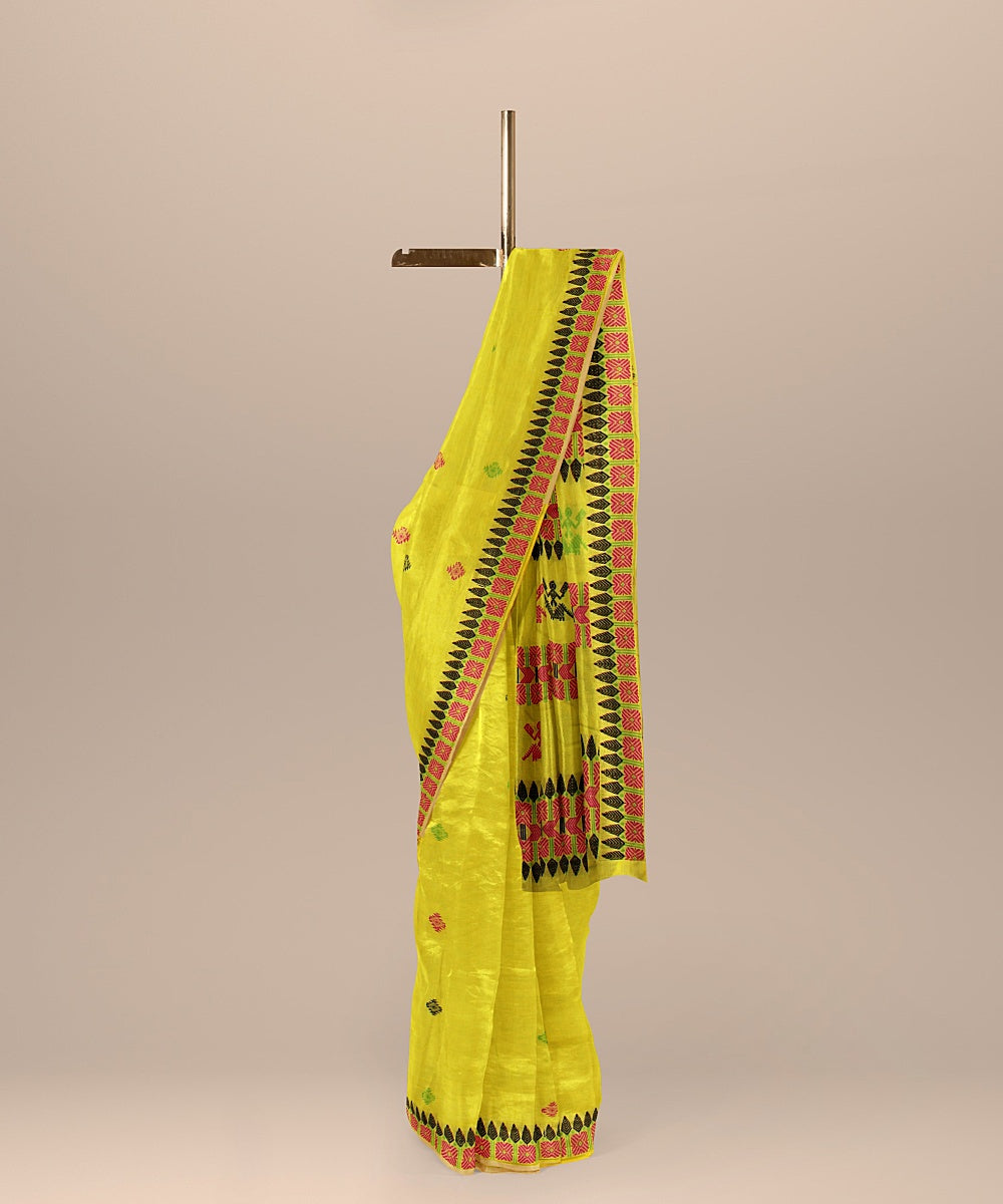 Lime green multicolor cotton handwoven assam saree