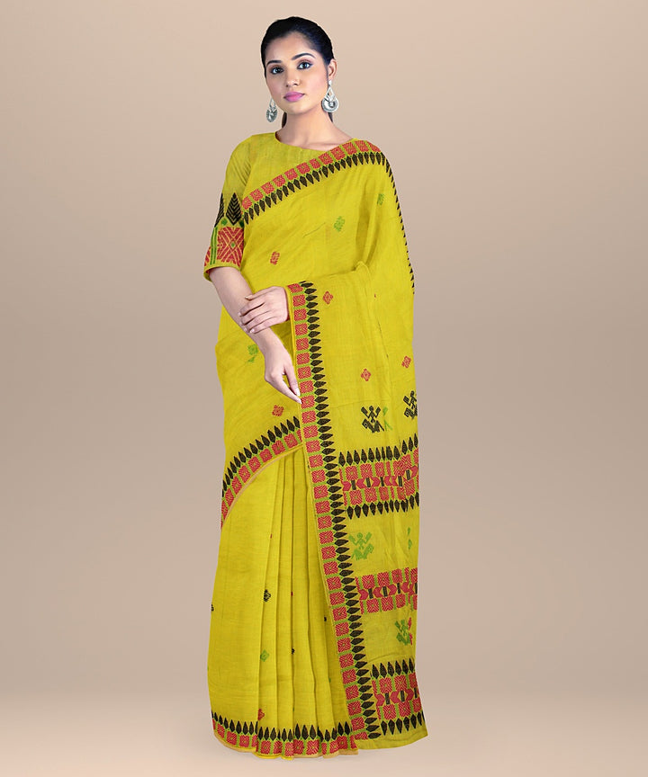 Lime green multicolor cotton handwoven assam saree