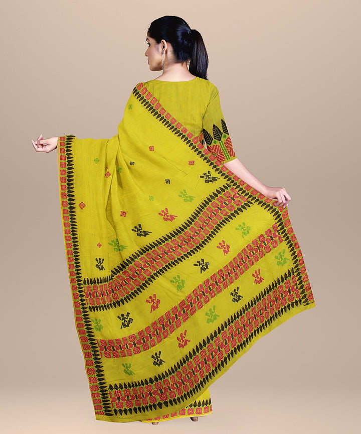 Lime green multicolor cotton handwoven assam saree