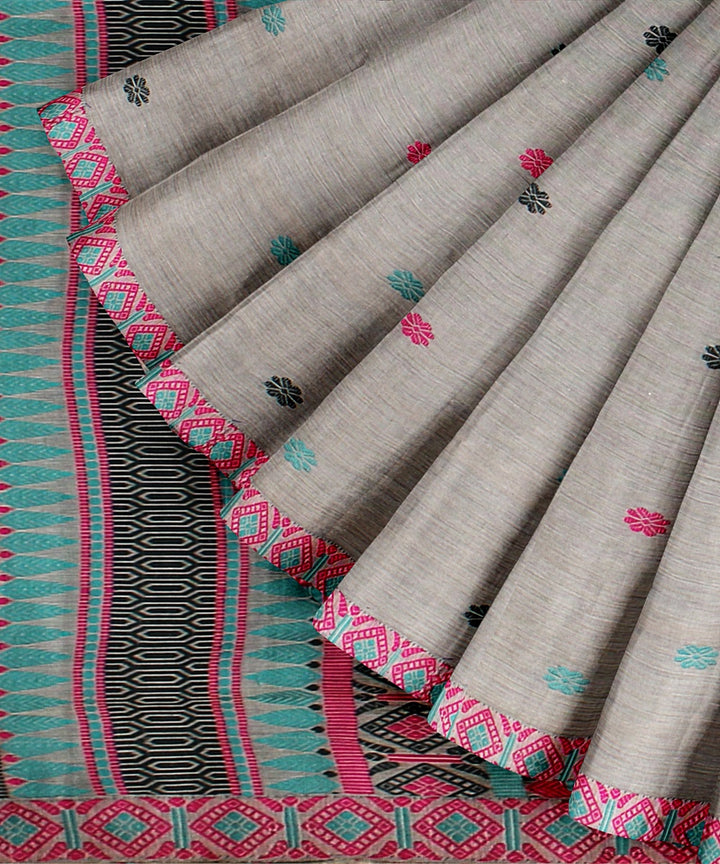 Grey dark green cyan blue cotton handwoven assam saree