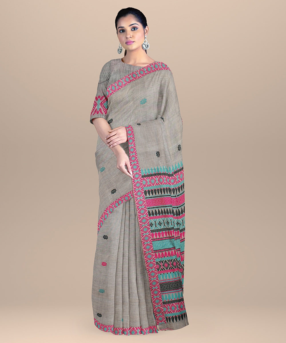 Grey dark green cyan blue cotton handwoven assam saree