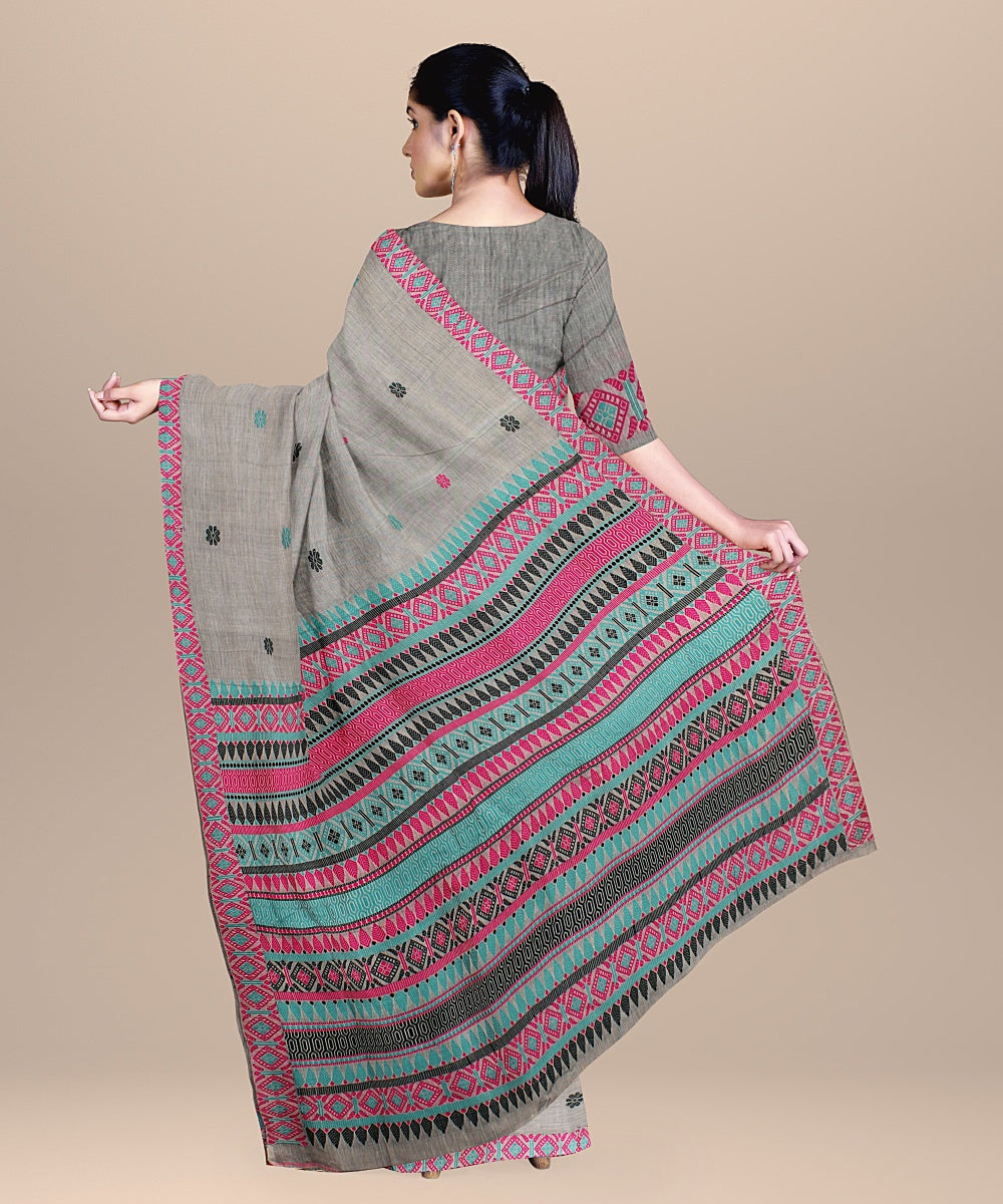 Grey dark green cyan blue cotton handwoven assam saree