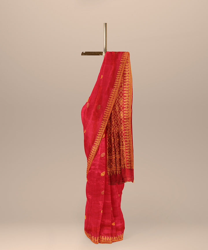 Pink brown yellow cotton handwoven assam saree