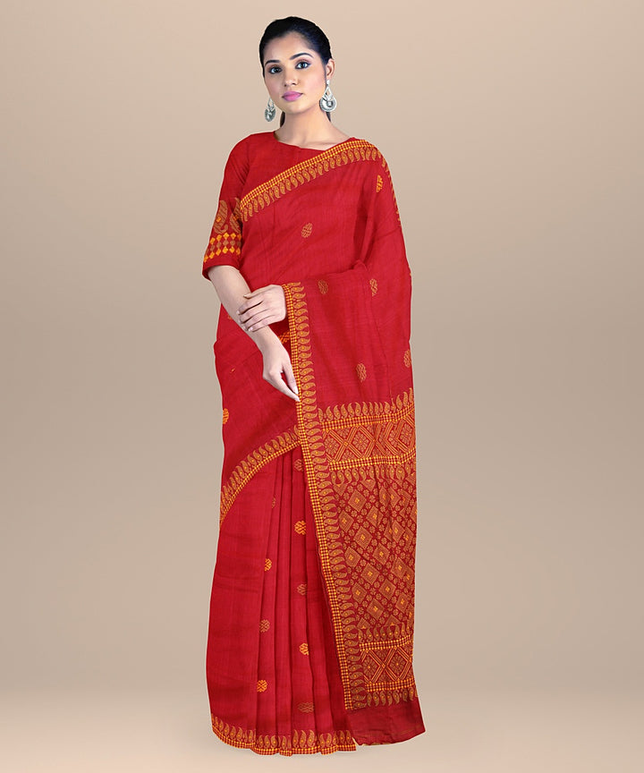 Pink brown yellow cotton handwoven assam saree