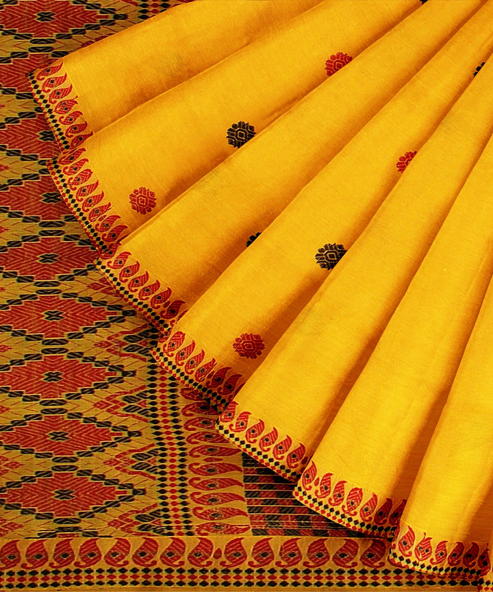 Yellow black red cotton handwoven assam saree