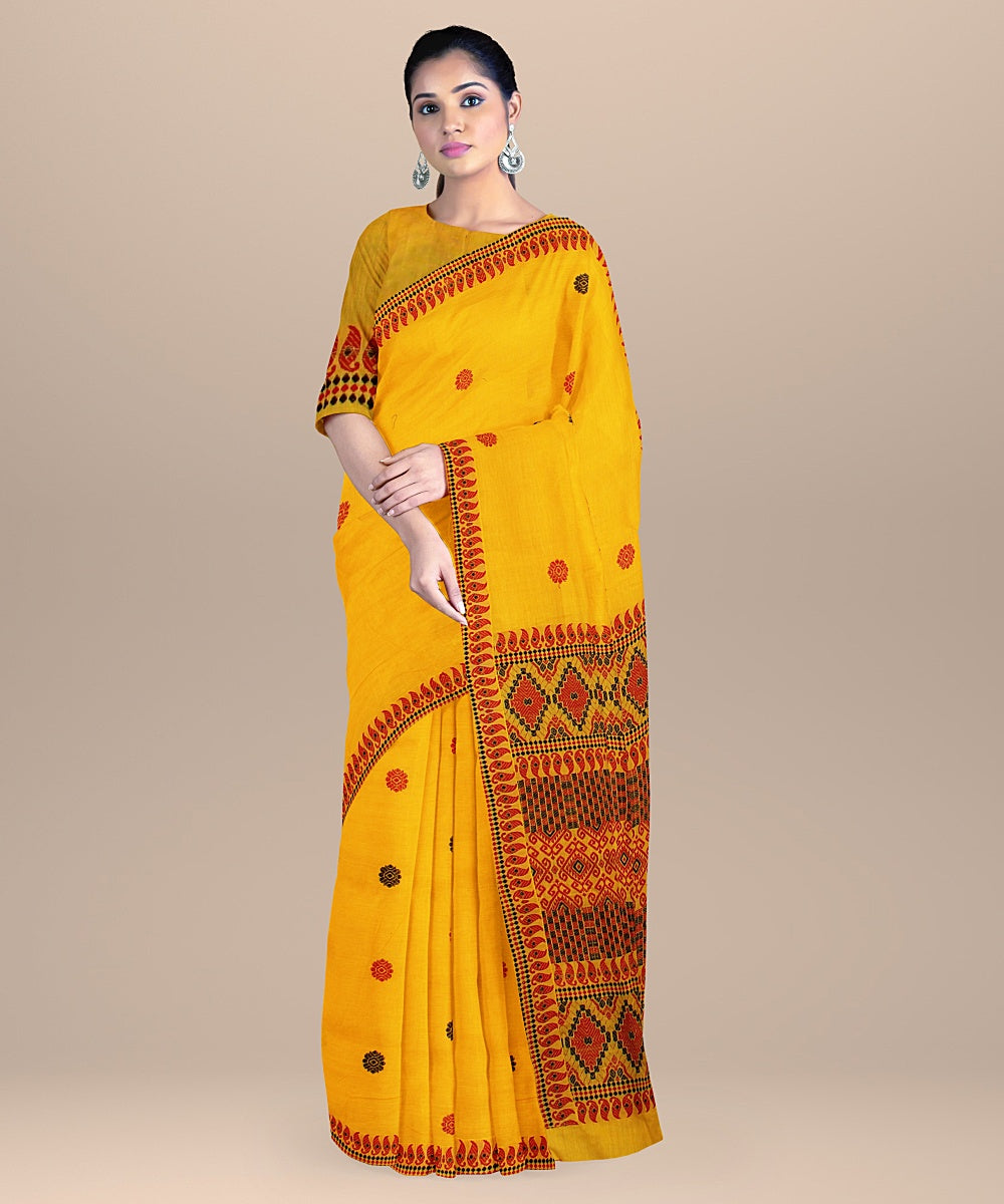 Yellow black red cotton handwoven assam saree