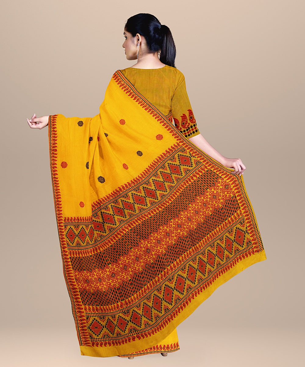 Yellow black red cotton handwoven assam saree