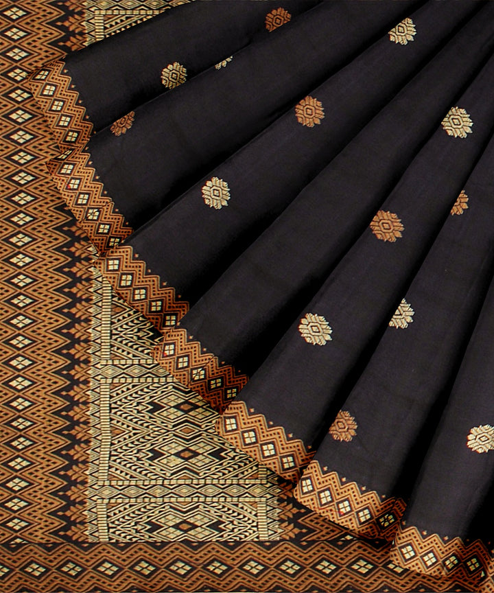 Dark blue brown cream cotton handwoven assam saree