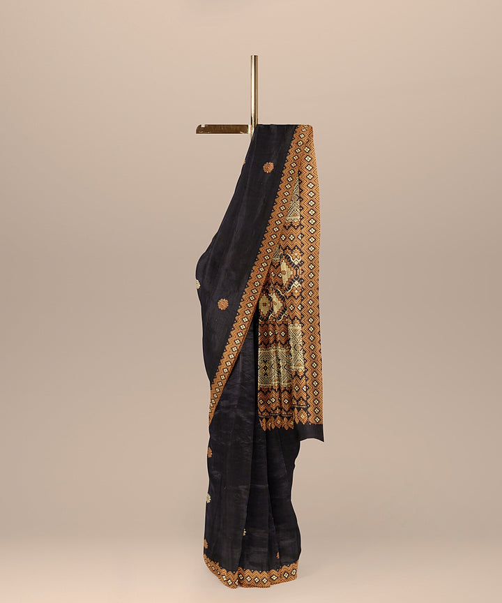 Dark blue brown cream cotton handwoven assam saree