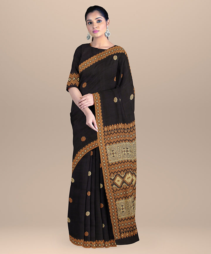 Dark blue brown cream cotton handwoven assam saree