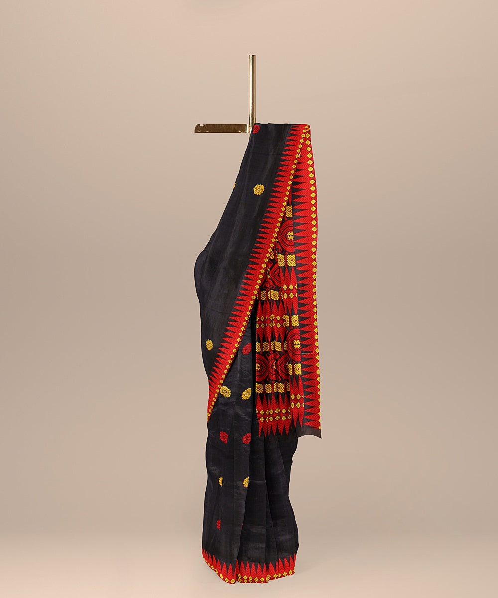 Navy blue yellow red cotton handwoven assam saree