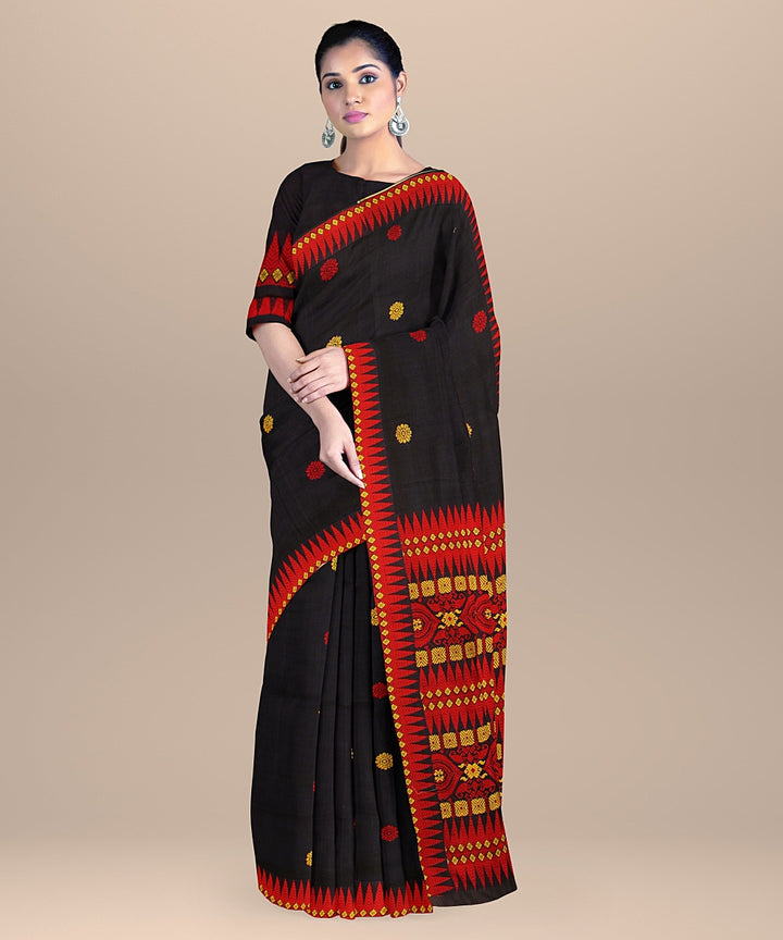 Navy blue yellow red cotton handwoven assam saree