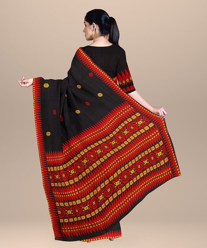 Navy blue yellow red cotton handwoven assam saree