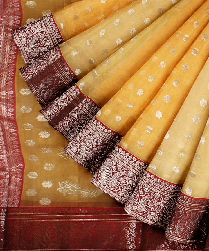 Yellow red chanderi cotton silk handloom saree