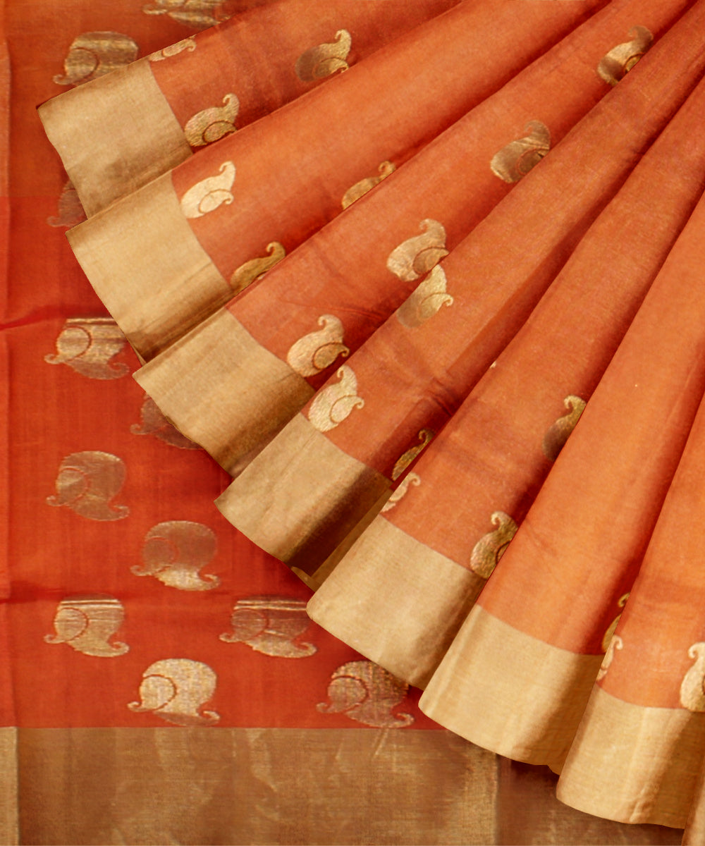 Orange golden jari buti chanderi cotton silk handwoven saree