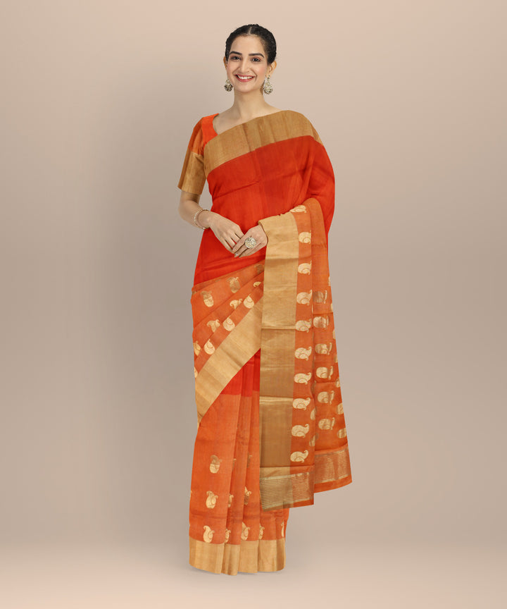 Orange golden jari buti chanderi cotton silk handwoven saree