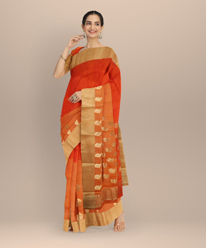 Orange golden jari buti chanderi cotton silk handwoven saree