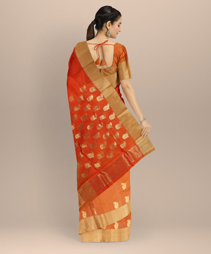 Orange golden jari buti chanderi cotton silk handwoven saree
