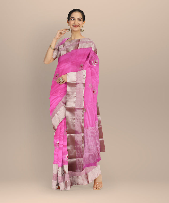 Pink silver jari buti chanderi cotton silk handwoven saree