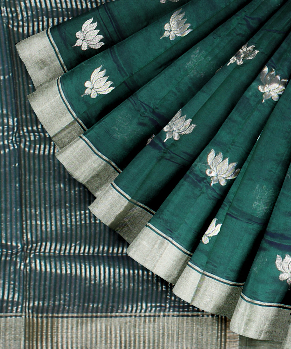 Dark green silver jari buti chanderi cotton silk handwoven saree