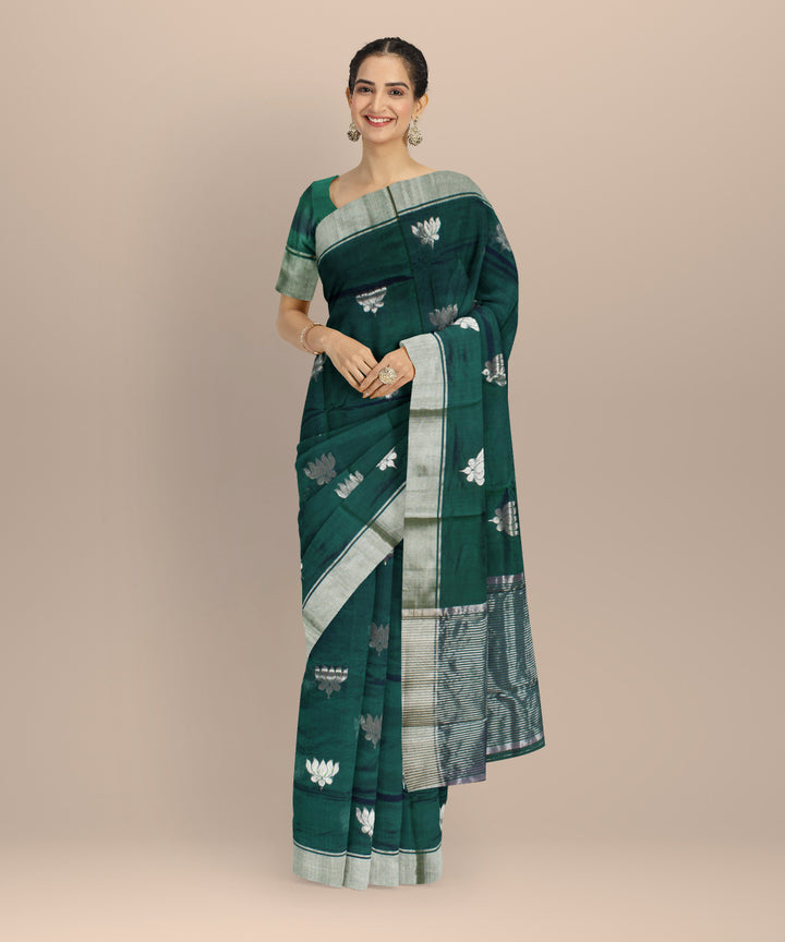 Dark green silver jari buti chanderi cotton silk handwoven saree