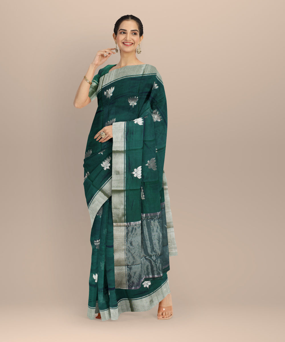 Dark green silver jari buti chanderi cotton silk handwoven saree