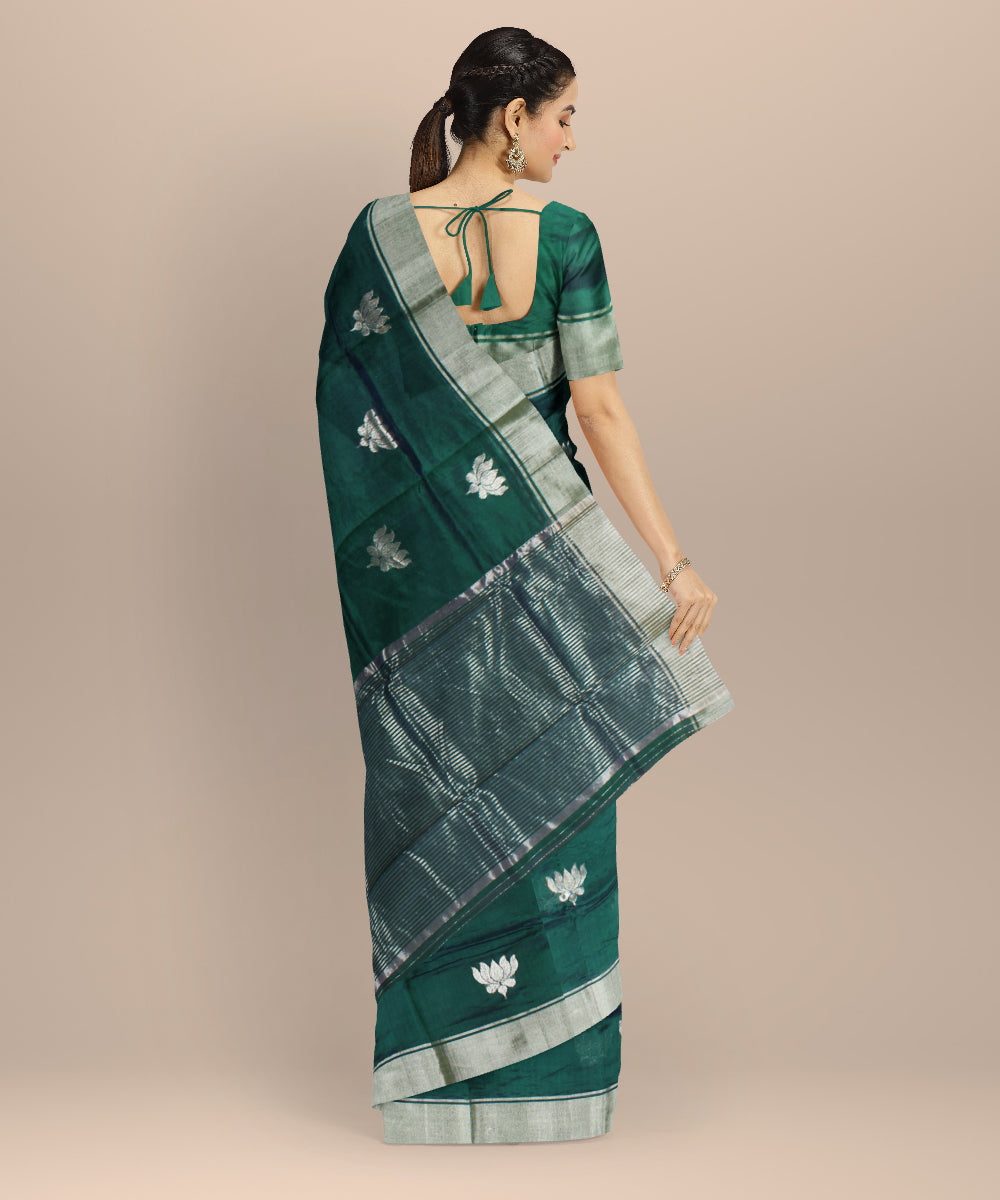 Dark green silver jari buti chanderi cotton silk handwoven saree