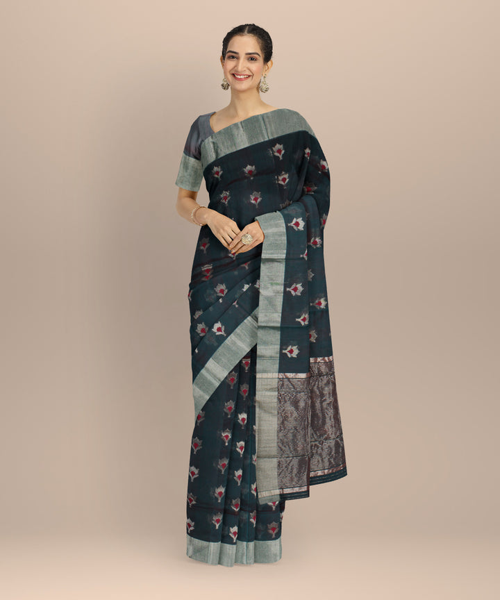 Dark green red silver jari buti chanderi cotton silk handwoven saree