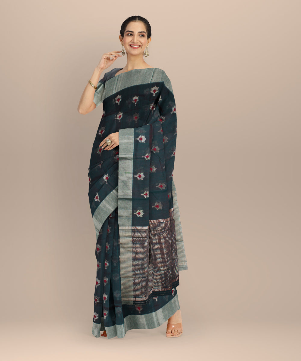 Dark green red silver jari buti chanderi cotton silk handwoven saree