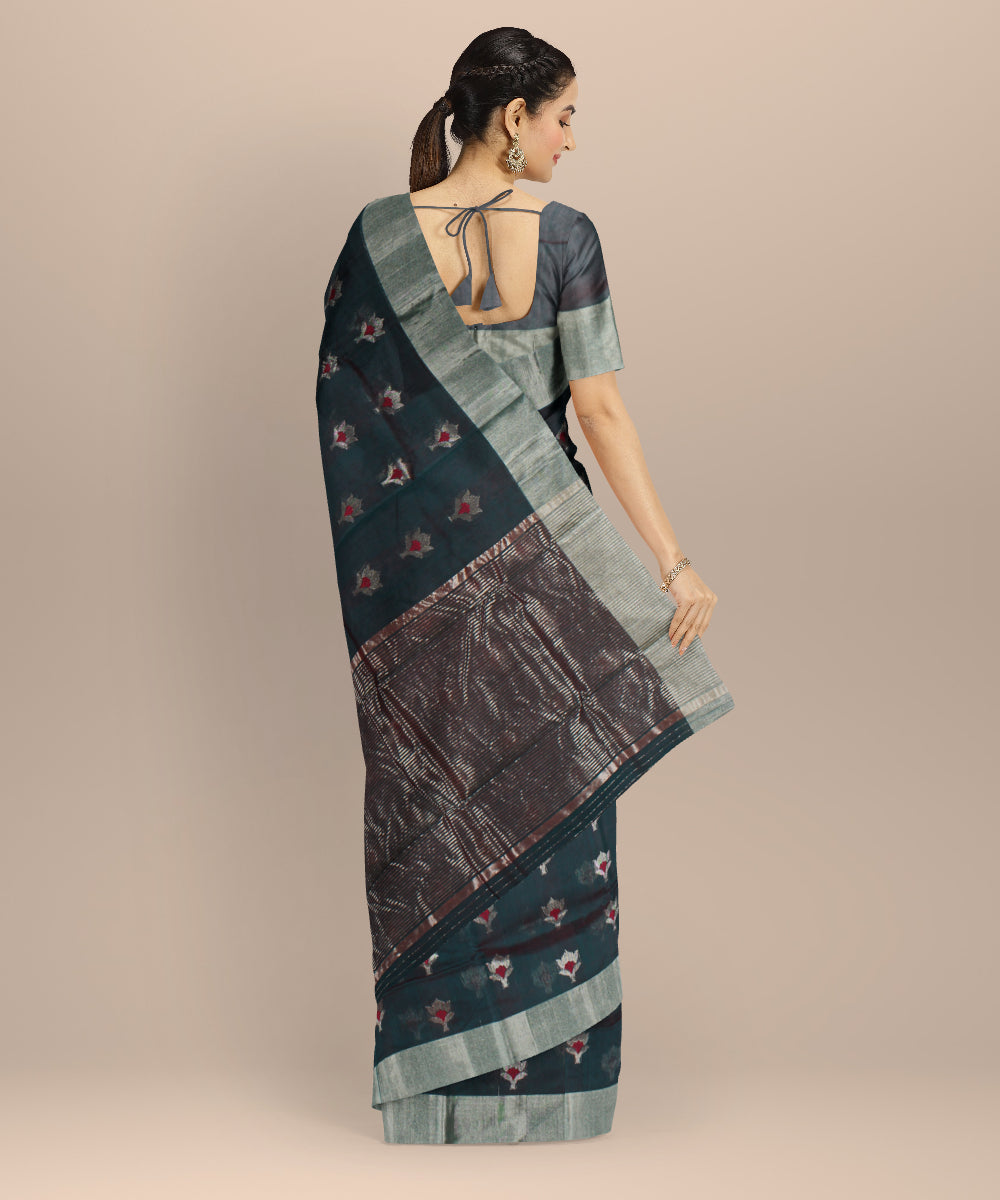 Dark green red silver jari buti chanderi cotton silk handwoven saree