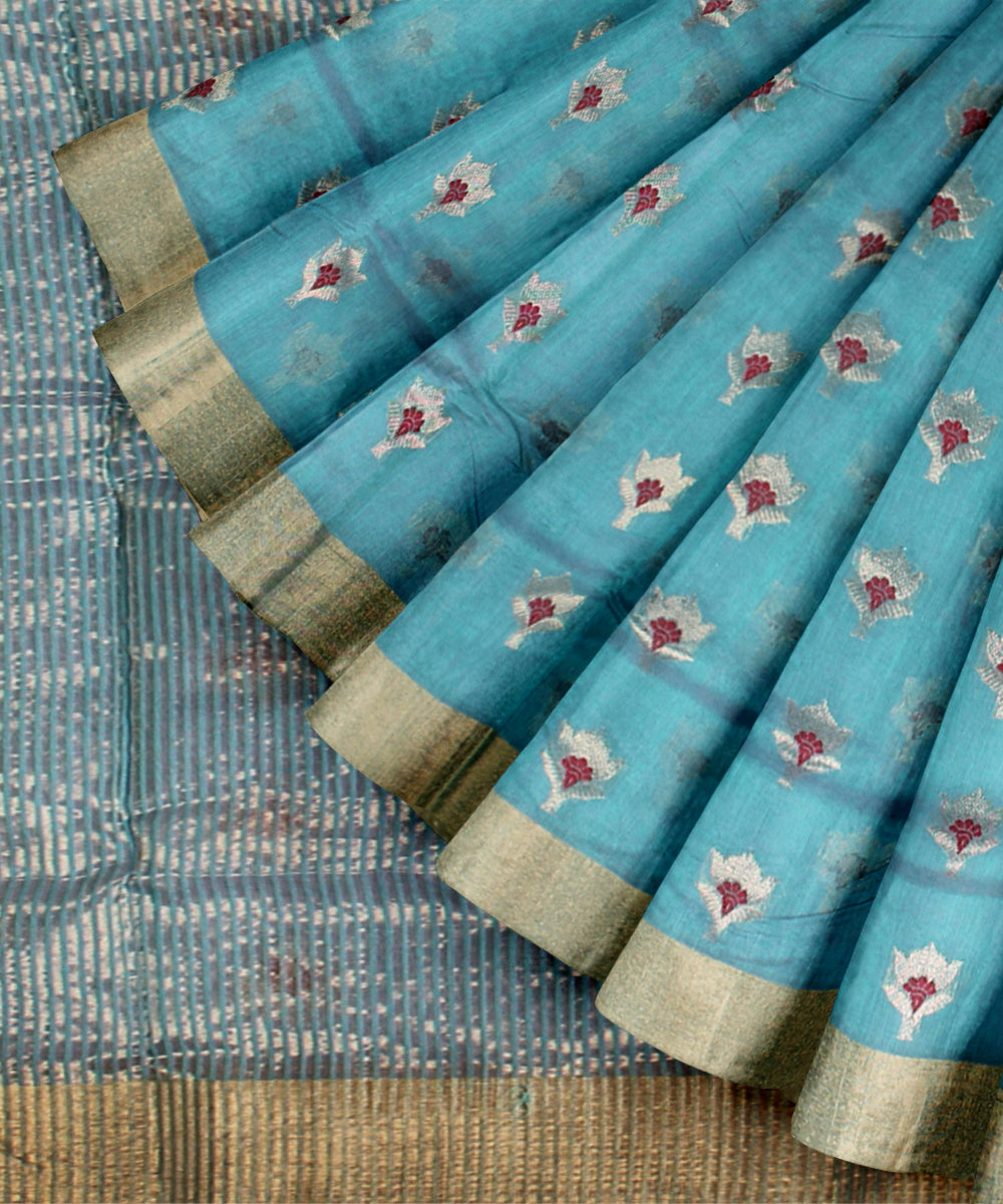 Sky blue golden jari chanderi cotton silk handwoven saree