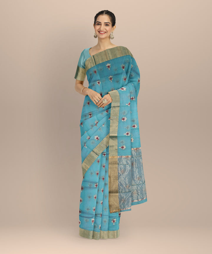 Sky blue golden jari chanderi cotton silk handwoven saree