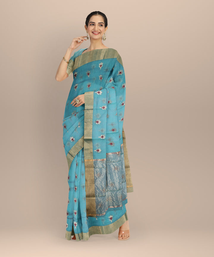 Sky blue golden jari chanderi cotton silk handwoven saree