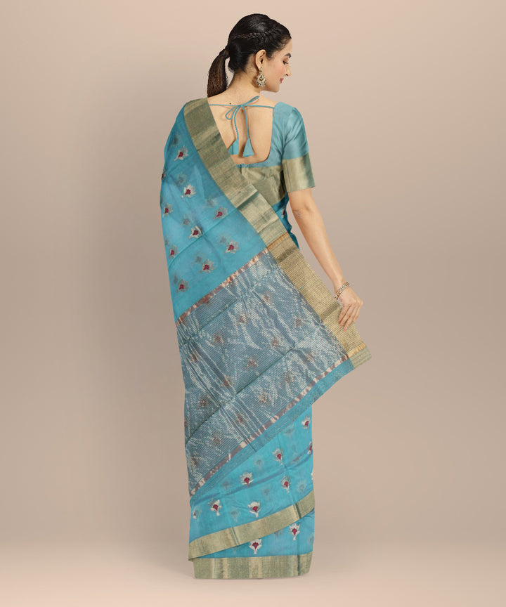 Sky blue golden jari chanderi cotton silk handwoven saree
