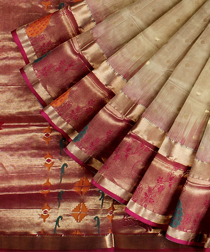 Beige pink karnataka silk handwoven saree