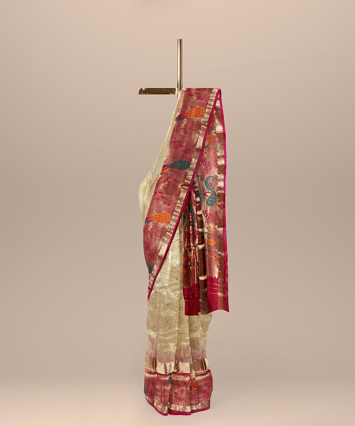 Beige pink karnataka silk handwoven saree