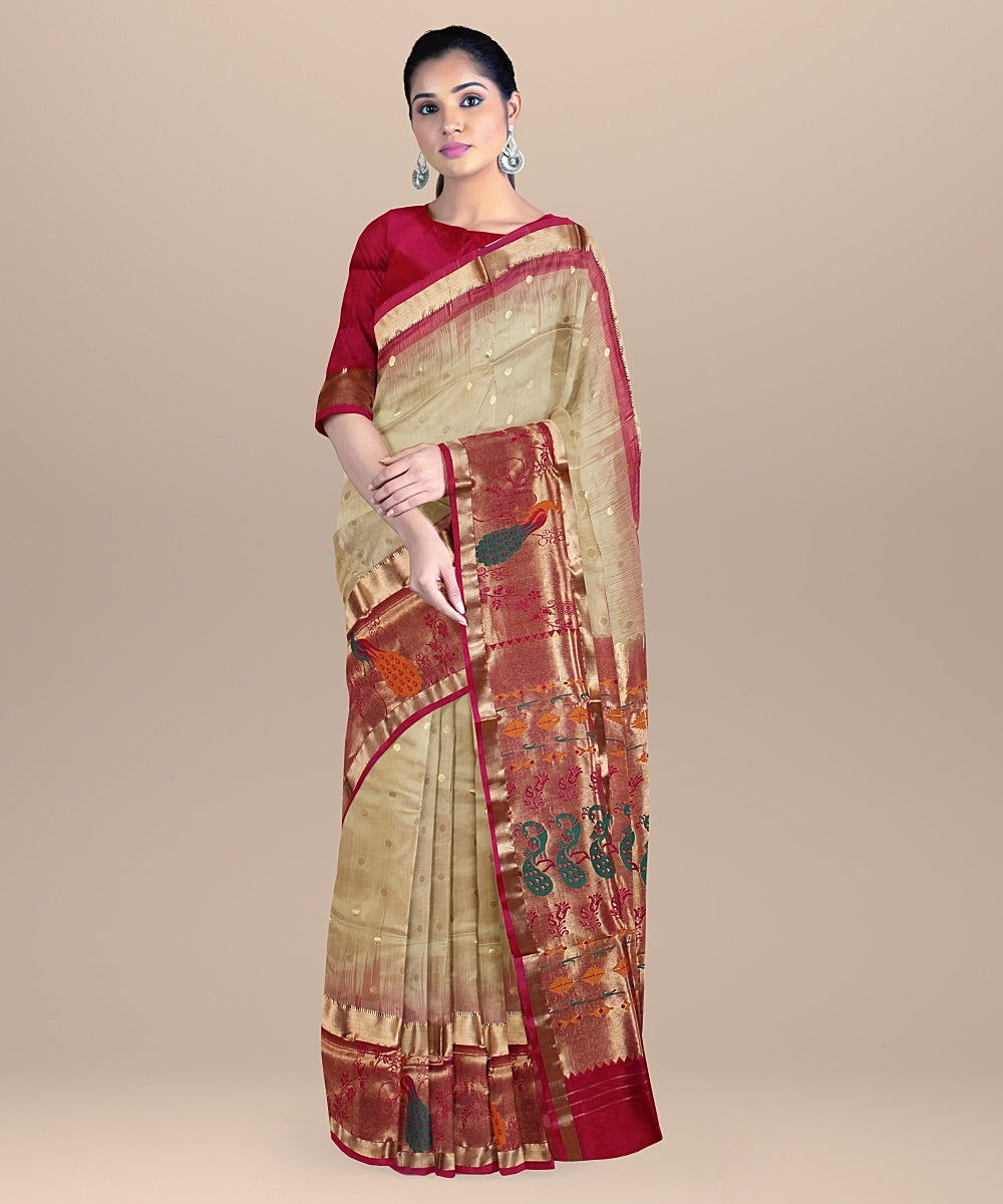 Beige pink karnataka silk handwoven saree