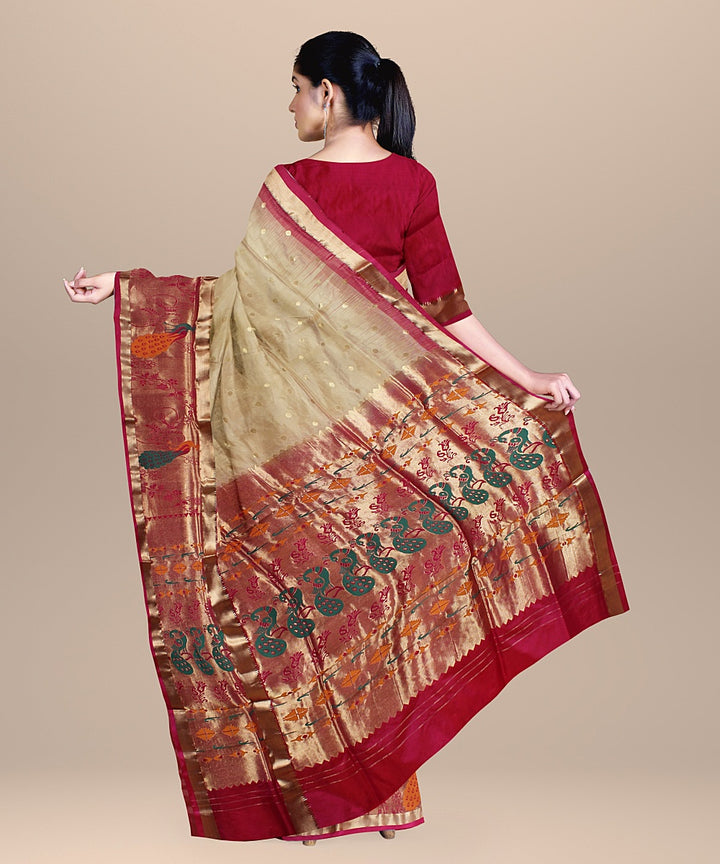 Beige pink karnataka silk handwoven saree