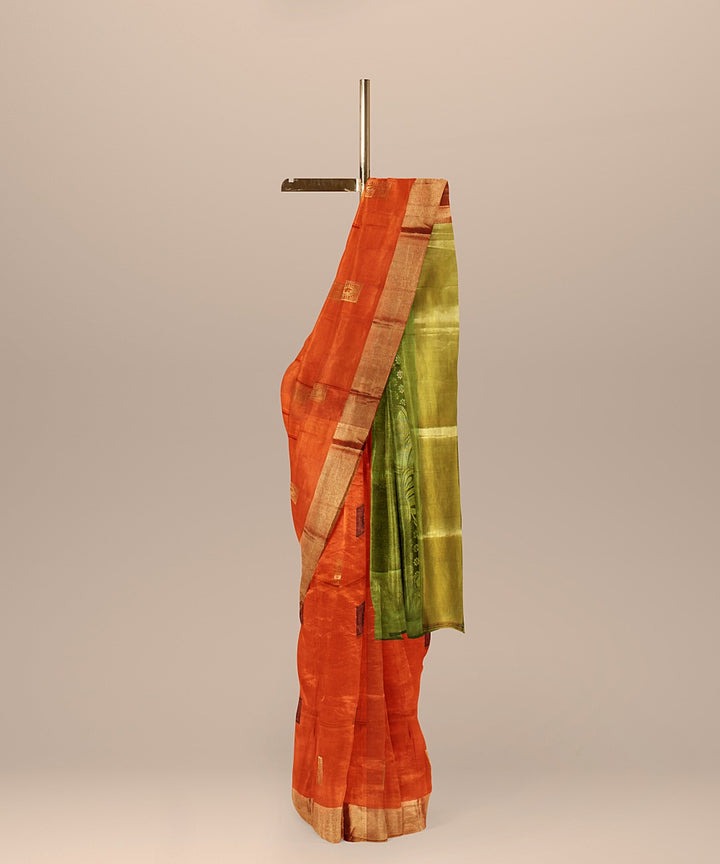 Orange green handwoven karnataka silk saree