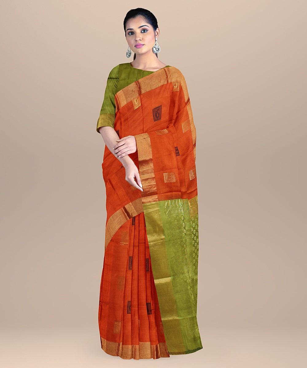 Orange green handwoven karnataka silk saree