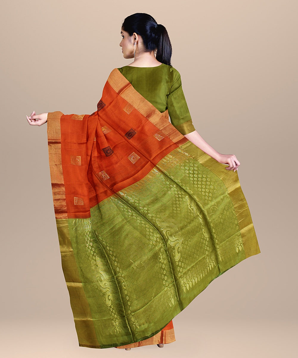 Orange green handwoven karnataka silk saree