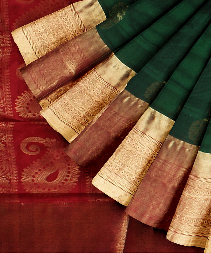 Dark green red handwoven karnataka silk saree