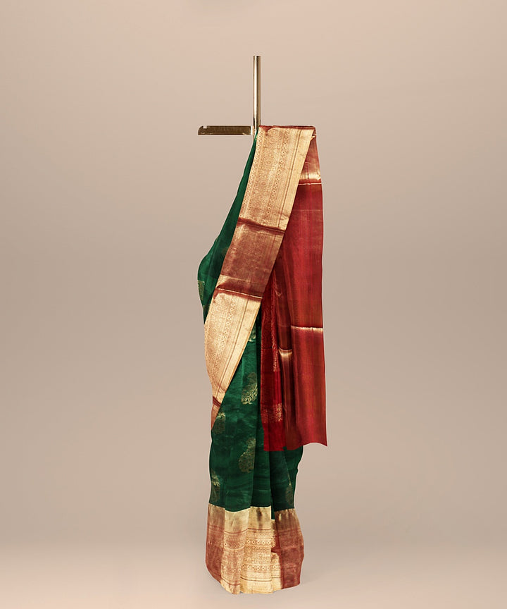 Dark green red handwoven karnataka silk saree