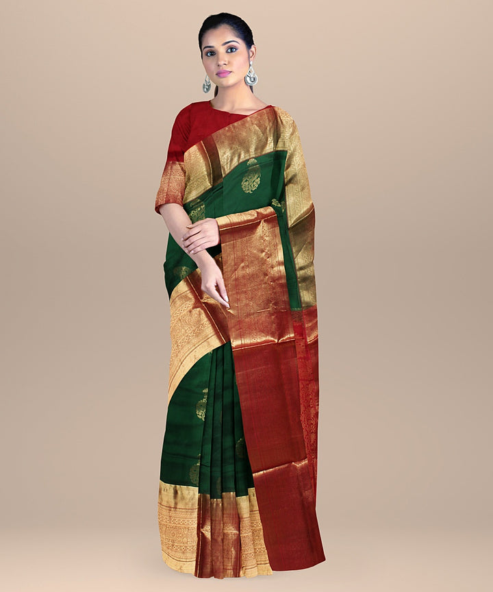 Dark green red handwoven karnataka silk saree