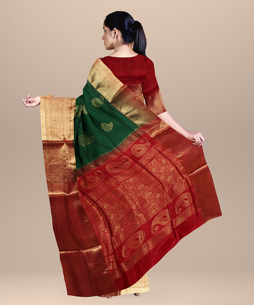 Dark green red handwoven karnataka silk saree